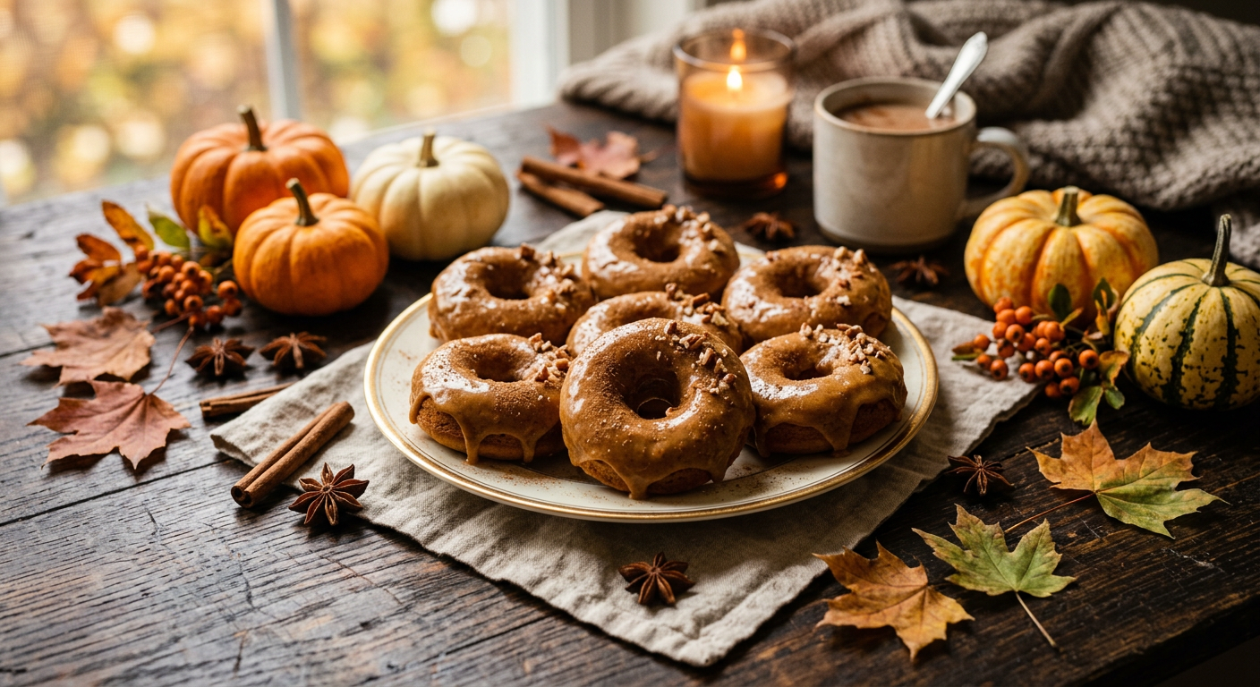 Pumpkin spice donuts with cinnamon sticks and small pumpkins
