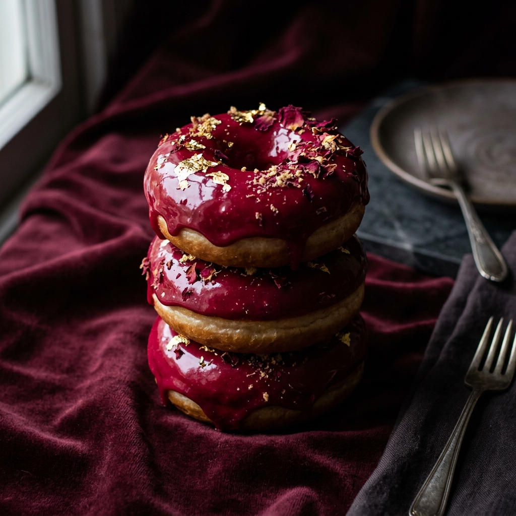 A stack of raspberry velvet glazed donuts topped with gold leaf and rose petals