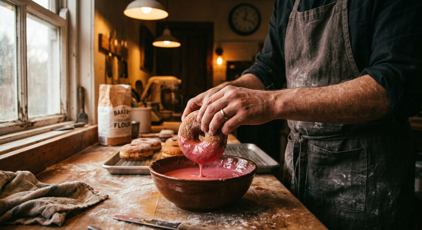 A baker dipping a fresh donut into pink glaze at dawn